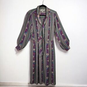 Vintage Donna Richards Secretary Dress Women 16 Floral Striped Neck Tie Bow Midi